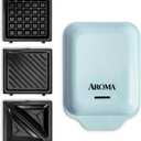 AROMA 3-in-1 Panini Press, Sandwich Grill, and Waffle Maker with Removable Ceramic Coated Plates (Blue)