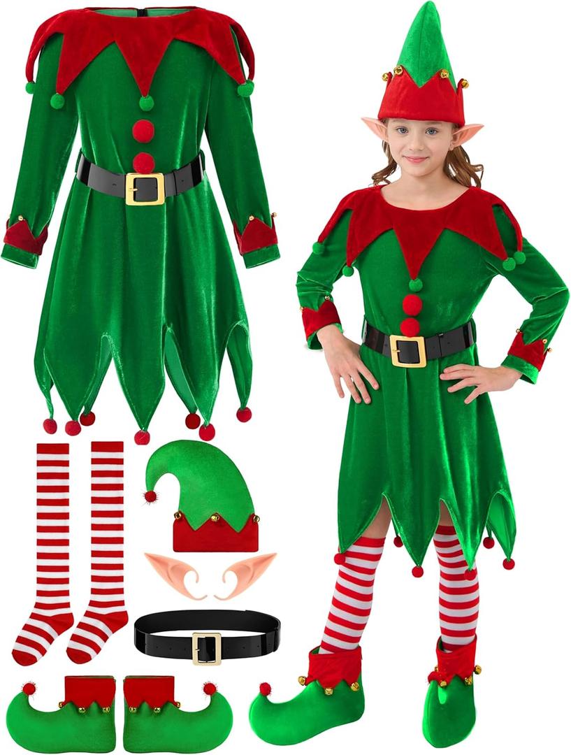 6 Pack Christmas Kids Elf Costume, Girls Christmas Elf Costume Velvet Dress Cosplay Outfit Belt Socks Ears Hat Shoes (8-10 Years)