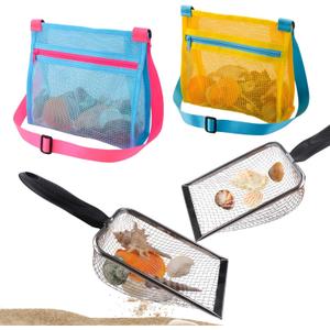 Beach Mesh Shovel with Mesh Shell Bags, Kids Filter Sand Scooper for Picking Up Shells,Shark Tooth Sifter Dipper for Boys and Girls,Beach Toys Accessories (Yellow+Blue)