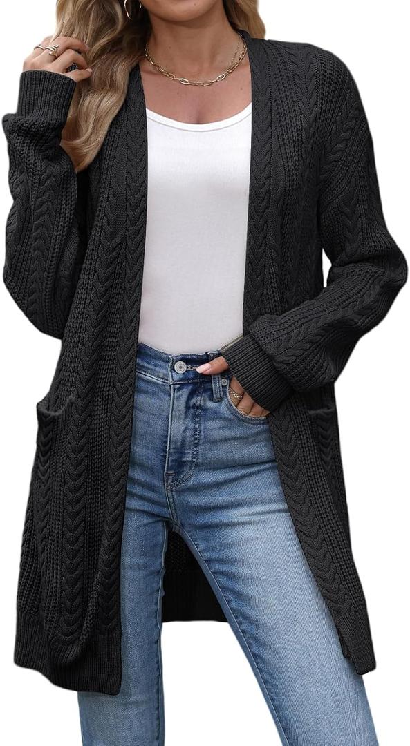 VIMPUNEC Womens Fall Long Cardigan Sweaters Cable Knit Jackets Open Front Outwear Coats with Pockets (Black, XL)
