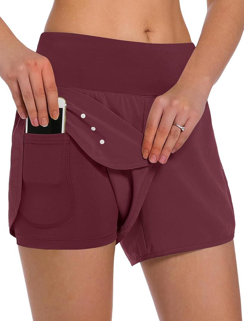 Ksmien Women's 2 in 1 Running Shorts - Lightweight Athletic Workout Gym Yoga Shorts Liner with Phone Pockets (Dark Wine Red, XXL)