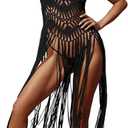 Women's Hippie Beach Swimsuit Cover Up Sexy Crochet Bikini Cover Summer Pool Swimwear Tassel Dresses, 
Size: Bust 36.22 inches, Length 47.24 inches