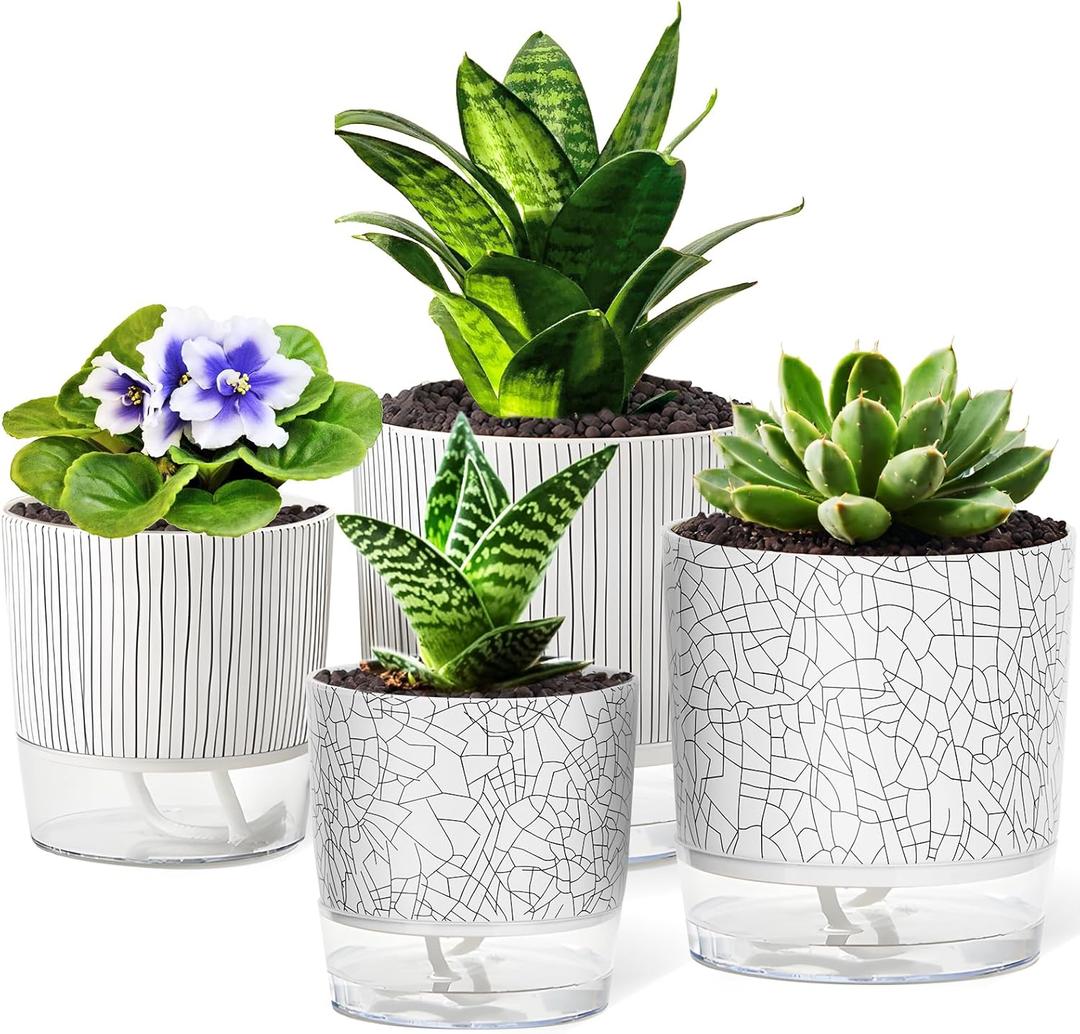 Samhe 4 Pack Self Watering Pots for Indoor Plants, 4/5.5 Inch Lightweight Planters with Water Reservoir, Flower Pots for African Violet, Spider Plant, Orchid