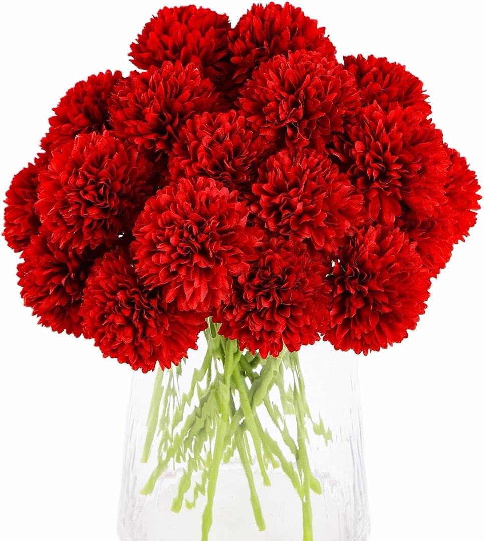 Kimura's Cabin 20Pcs Fake Chrysanthemum Artificial Flowers Silk Ball Flowers Faux Mums Flower with Stem for Wedding Party Bouquets Arrangements Home Table Centerpieces Christmas Decoration (Red)