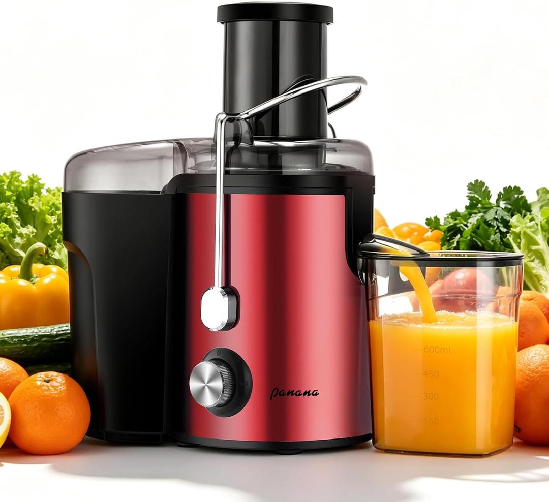 Panana Centrifugal Juicer Extractor with Wide Mouth 3 Feed Chute for Fruit Vegetable, Easy to Clean, Stainless Steel, BPA-free (Red)