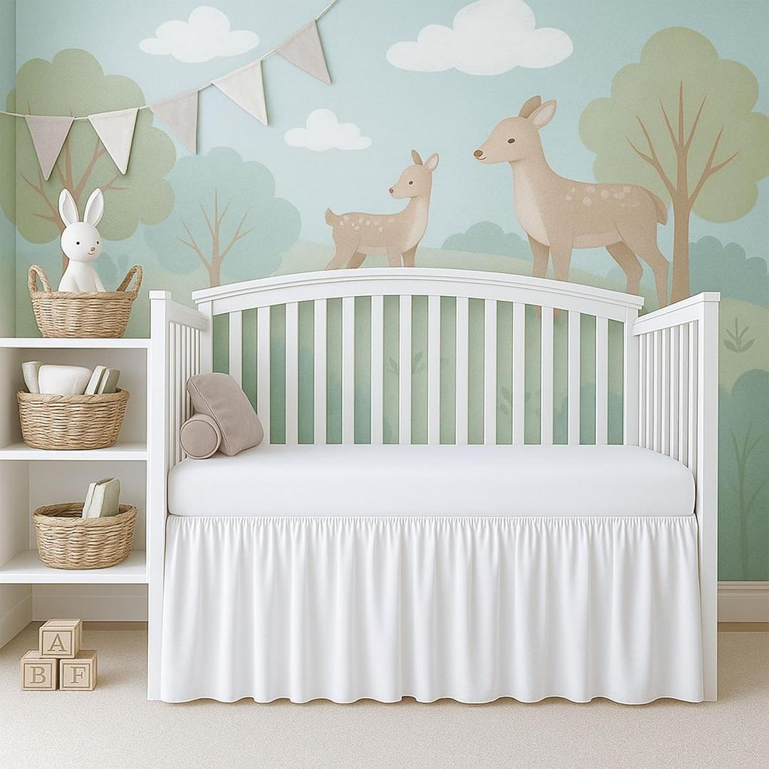 Cottignton Lane Ruffled Crib Bed Skirt, Soft Nursery Bedding in 100% Natural Cotton, Platform Style with 4-Sided Coverage & Split Corners  Fits Standard Cribs 28" x 52" with 14" Drop, White