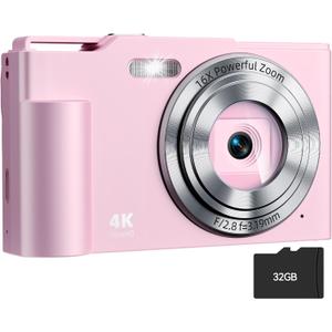 Digital Camera, FHD 4K Digital Point and Shoot Camera with 16X Zoom Anti Shake, 48MP Compact Small Camera with 32GB Card for Boys Girls Kids (Pink)