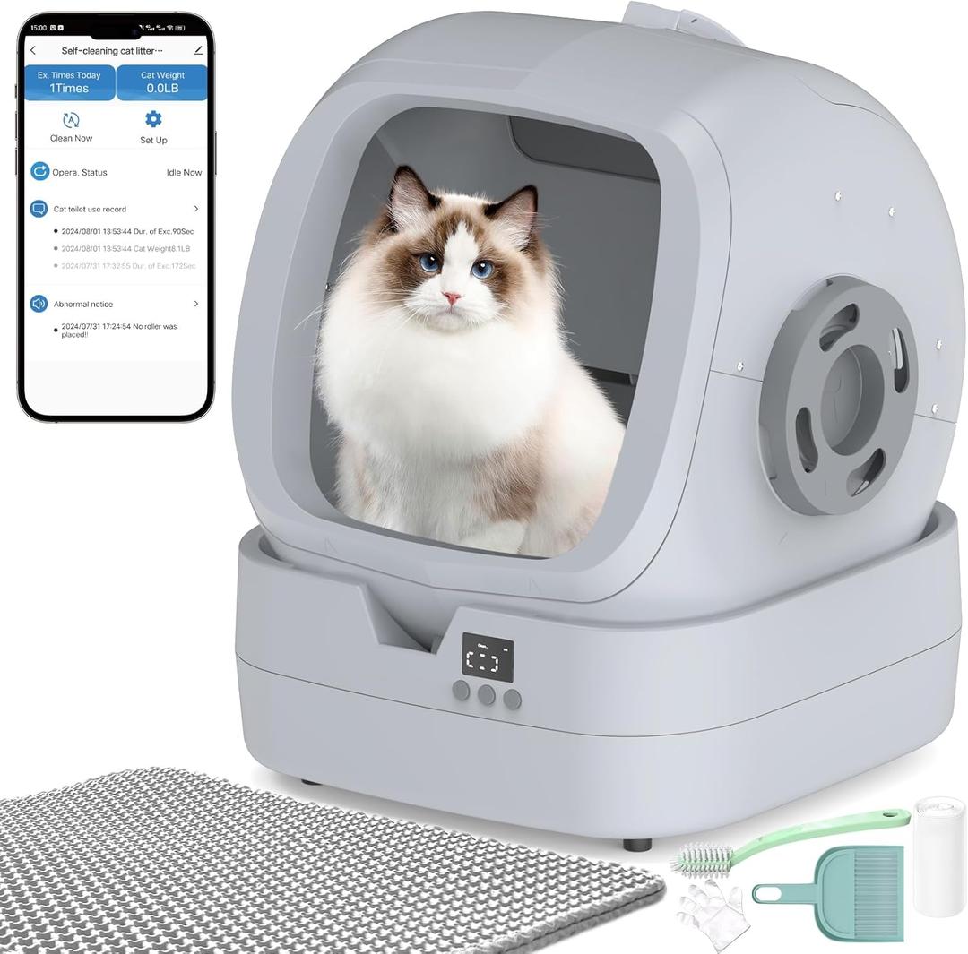 Automatic Cat Litter Box Self Cleaning - APP Control and Weight Monitoring - Ultra-Quiet, Suitable for Medium Cats and Kittens, Safe Anti-Pinch Litter Box (Assembly Required) - Light Grey