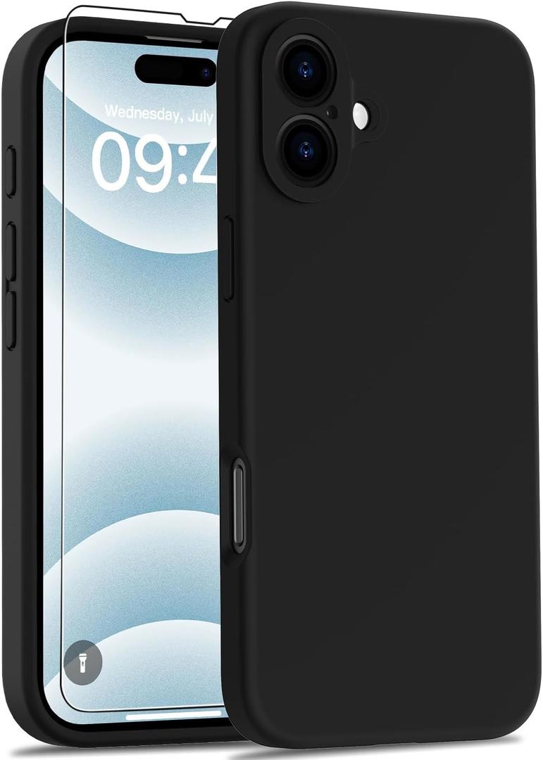 Goodon Designed for iPhone 16 Case with Screen Protector - Enhanced Camera Cover - Soft Microfiber Lining - Liquid Silicone Shockproof Protective Phone Cover for Men Women Girls - Black