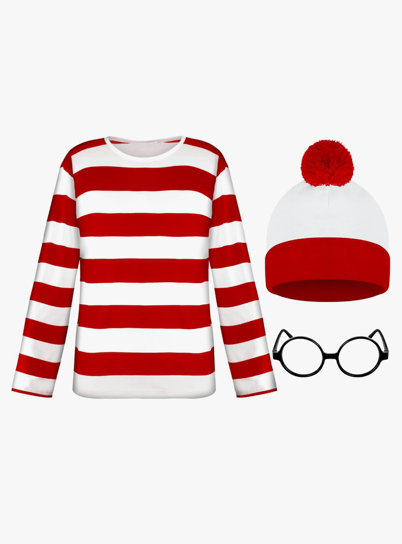 Kids Halloween Costumes, Red and White Striped Shirts, Kids Halloween Shirts Hat Glasses Set for Costume Cosplay 10-12 Years Old 