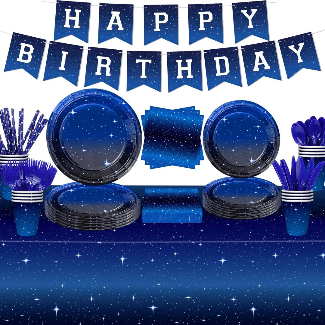 Starry Night Sky Party Supplies Set, Birthday Star Party Table Decorations Including Banner, Plates, Cups, Paper Napkins, Tablecloth, Cupcake Toppers, Knives, Forks and Spoons Serves 20(B)