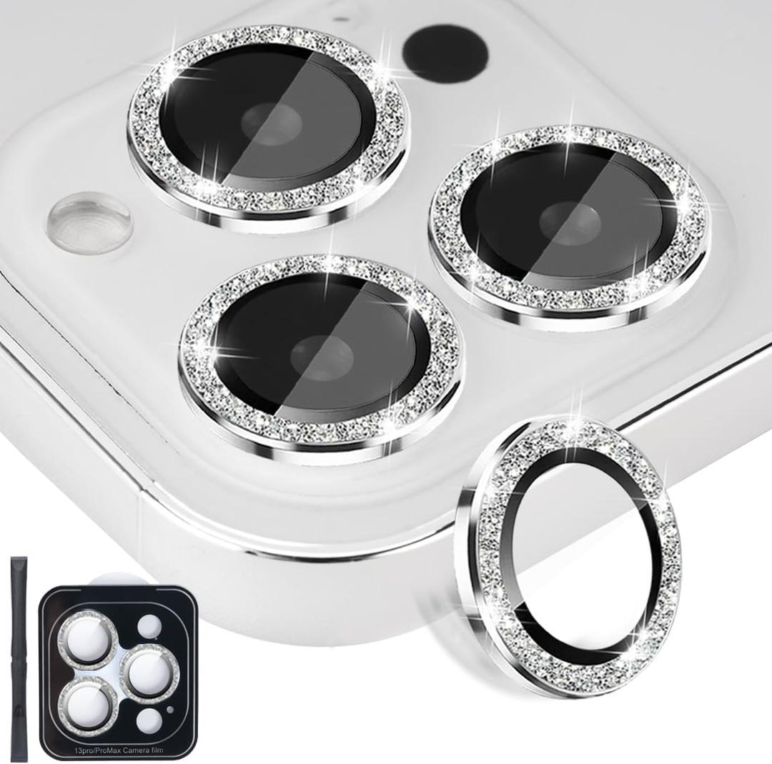Camera Lens Protector for iPhone 13 Pro & iPhone 13 Pro Max, Tempered Glass Lens Protector Aluminum Alloy Ring Camera Cover Fits for iPhone 13 Pro/iPhone 13 Pro Max (Glitter Silver)