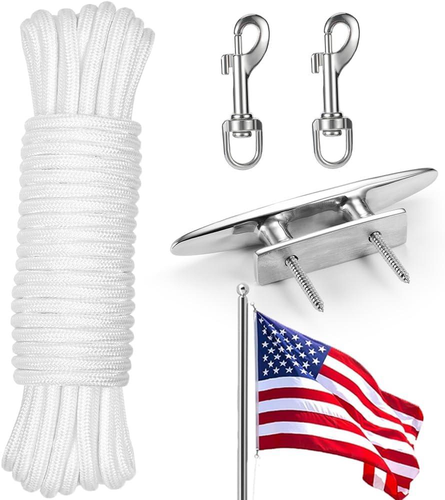 50Ft Flag Pole Rope Kit, Flagpole Hardware Accessories Replacement Kit- Flag Pole Rope, Stainless Steel Swivel Snaps Hooks, 6 in Cleat