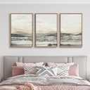 Shoci Large Framed Neutral Abstract Wall Art Modern Gray Plain Canvas Artwork Natural Float Framed Minimalist Grey Green Mountain Lake Prints Decor for Living Room Bedroom Office 24X36 Inch Set of 3