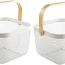 2 Pack Metal Mesh Steel Basket, Storage Organizer Basket Multi-function Hanging Kitchen Baskets Fruit Basket Bin with Wood Handle for Kitchen Bathroom Picnic Cabinet Home Decor, White