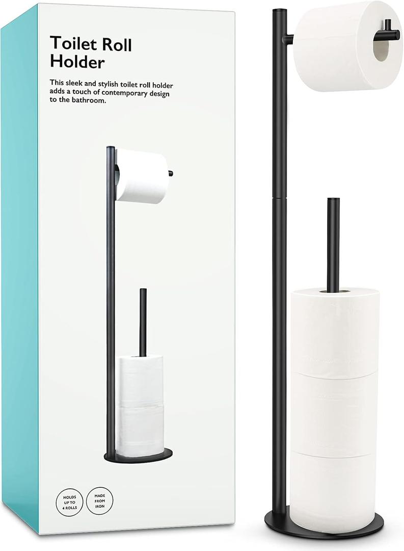 Toilet Paper Holder Stand, Bathroom Toilet Paper Roll Holder Stand with Reserve, Standing Toilet Paper Holder with Storage (Black)