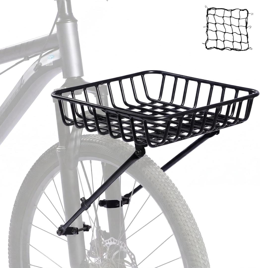 Front Bike Basket Rack, Aluminum Bicycle Front Rack with Adjustable Struts, Compatible with Suspension Fork & Ebike for 26-29" Bikes, Includes Cargo Net