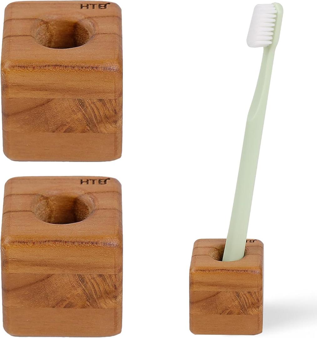 HTB Toothbrush Holder for Bathroom,2 Pack Teak Wood Toothbrush Stand Organizer Base Station Hollow Drainage Design,Small Countertop Organizer for pens,Makeup Brushes,Space Saver (Cube)