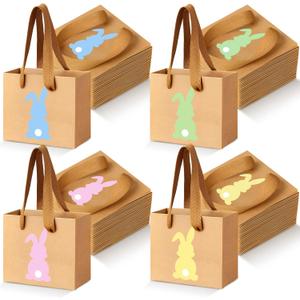 Tenceur 48 Pieces Mini Kraft Easter Gift Bags with Handle 4.72 x 3.94 x 2.36 Small Bunny Paper Treat Bags for Easter Party Favor Supplies Gifts Wrapping