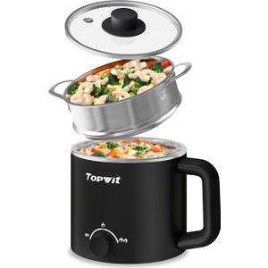 Topwit Hot Pot Electric with Steamer, 1.6L Ramen Cooker, Electric Pot for Pasta, Shabu-Shabu, Oatmeal, Soup and Egg, Portable Cooker with Dual Power Control, Dorm Room Essentials, Black