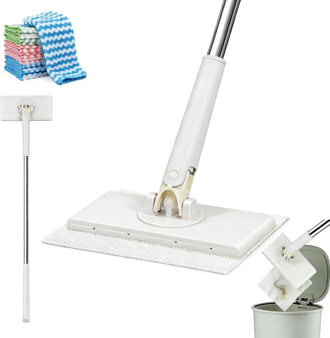 Hands Free Flat Mop,Cloth Changing Mini Mop,27inch Long Handle Mopping Stick,360 Swivel Head,Dry and Wet Use,Ideal for Tight Corners,Tile and Hardwood(White, 6 Cloth)