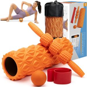 5 in1 Foam Roller Set, Trigger Point Foam Roller, Massage Roller Stick, Massage Ball, Resistance Band for Deep Muscle Massage Pilates Yoga,Fitness Exercise for Whole Body (Pure Orange)