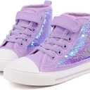 Toandon Girls Kids Canvas Shoes Sneakers for Color Change Flipping Sequins Glitter Sparkle Glimmer High Top Adjustable Hook Loop Straps Velcro Non Slip Lightweight Walking Purple, Size 4