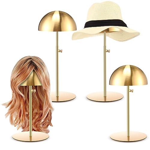 Sintuff 4 Pcs Hat Display Stand:adjustable 7.9-15.7inch Wigs Head Holder Stand Non Slip Stainless Steel Metal Rack for Multiple Hats Wig Storage Styling Practice(Gold,Round Base)