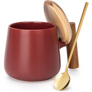 14 Oz Ceramic Coffee Mug with Lid and Coffee Spoon for Latte,Cappuccino Mug, Cocoa Mugs, Tea Mug, Birthday Gifts for Women, 1 Pack (Matte Red)