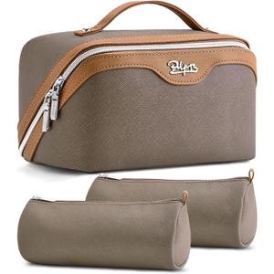 BOYATU Travel Makeup Bag Organizer Cosmetic Bag: 3 Pcs Set Make up Bags for Women with Handle - Waterproof Vegan Leather Toiletry Bags Travel Essentials Pouch with Compartments (A-02-Grey)