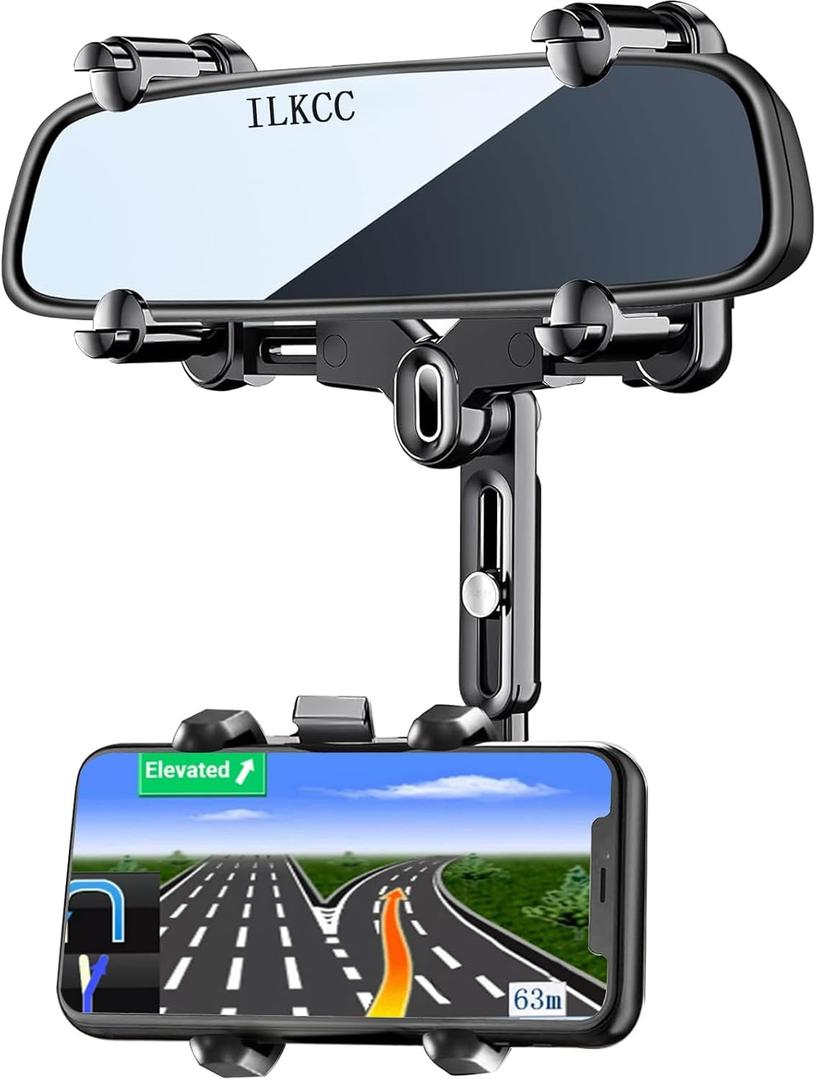ILKCC Rearview Mirror Phone Holder for Car, 360 Rotating and Retractable Multifunctional Rear View Phone Mount, Upgraded Four Corners Fixed Anti-Shake Fit All Smartphones & Bigger Vehicle