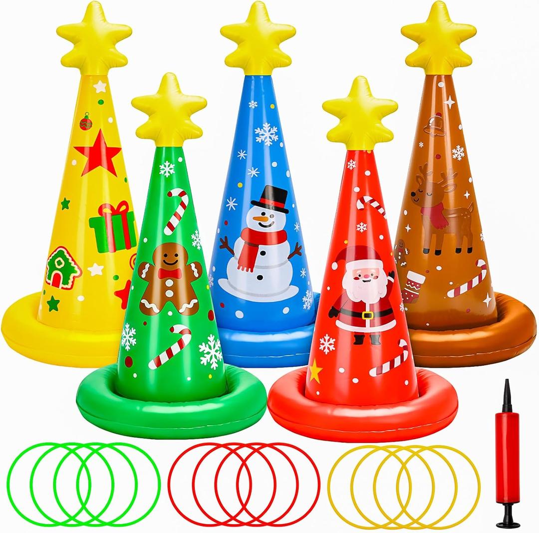 5 Pack Inflatable Christmas Ring Toss Game Set Holiday Party Supplies Indoor Outdoor Family Christmas Games for Kids Adults Xmas Party Decorations Carnival Games with Toss Rings and Pump