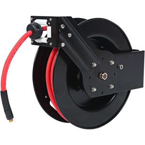 MaxWorks 80720 50ft Auto Rewind Retractable Reel with 3/8" x 50' Air Hose with Brass Fittings (Black and Red)