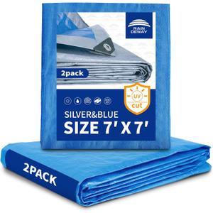 RAINDEWAY Tarps 7x7 Feet (2 Pack) - 5.5 Mil, Multipurpose Waterproof Poly Tarp Cover with Metal Grommets and Reinforced Edges, Silver/Blue Tarp (7'7'2 Pcs-Finished Size)