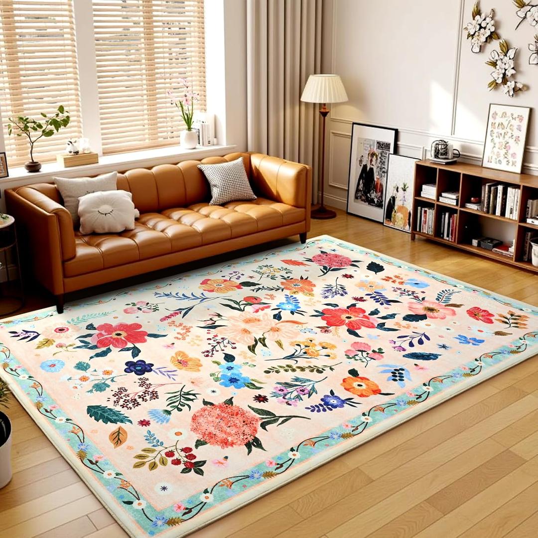 Terrug Floral Washable Area Rug for Bedroom, 4x6 Beige Rug Boho Ultra-Thin Rugs for Entryway, Soft Non Slip Carpet Vintage Rug for Living Room, Entry, Kitchen, College Dorm, Dining Room, Nursery