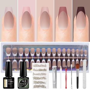 MEET ACROSS French Gel Nails - Skin Tones French Tip Press on Nails, Short Coffin Nail Tips with Nail Gel, Top Coat, All in One Fake Nail Holiday Gift