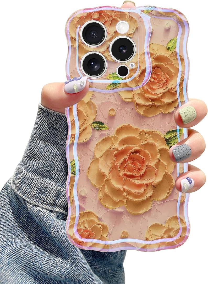 Jusy Compatible with iPhone 15 Pro, Colorful Retro Oil Painting Printed Flower Laser Glossy Pattern Cute Curly Wave Phone Case Soft TPU Cover for Girly Women - Pink Rose