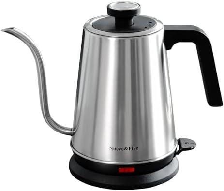 Nueve&Five Gooseneck Electric Kettle with Thermometer,Electric Tea Kettle 1L with Auto Shut-Off，1000W Hot Water Kettle of Stainless Steel,Pour Over Kettle for Coffee & Tea -Chrome
