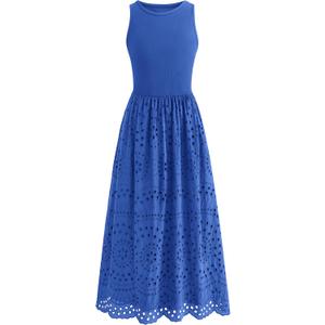 dowerme Women Summer Dresses 2025 Casual Sleeveless Crewneck A-Line Boho Lace Eyelet Cotton Tank Maxi Dress with Pockets (Blue)