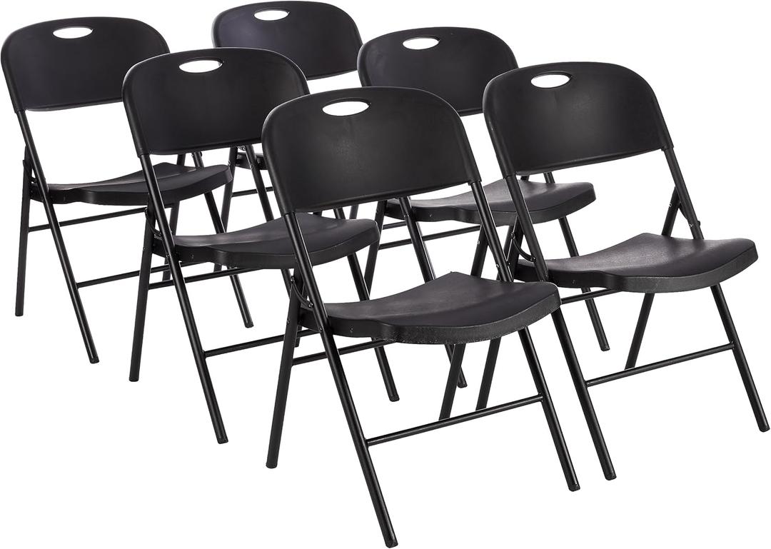 Amazon Basics Sturdy Foldable Plastic Chair, Portable, 350-Pound Capacity, Black, 6-Pack