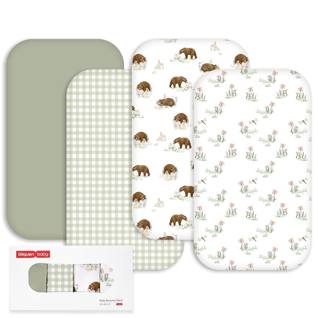 Gllquen Baby Bedside Sleeper Sheets 33x20 Inch 4 Pack - Fitted Crib Mattress Covers, Ultra Soft Oeko-TEX Certified Bassinet Sheets for Girls Boys, Gift Ready Box for Baby Shower (Forest Tale)