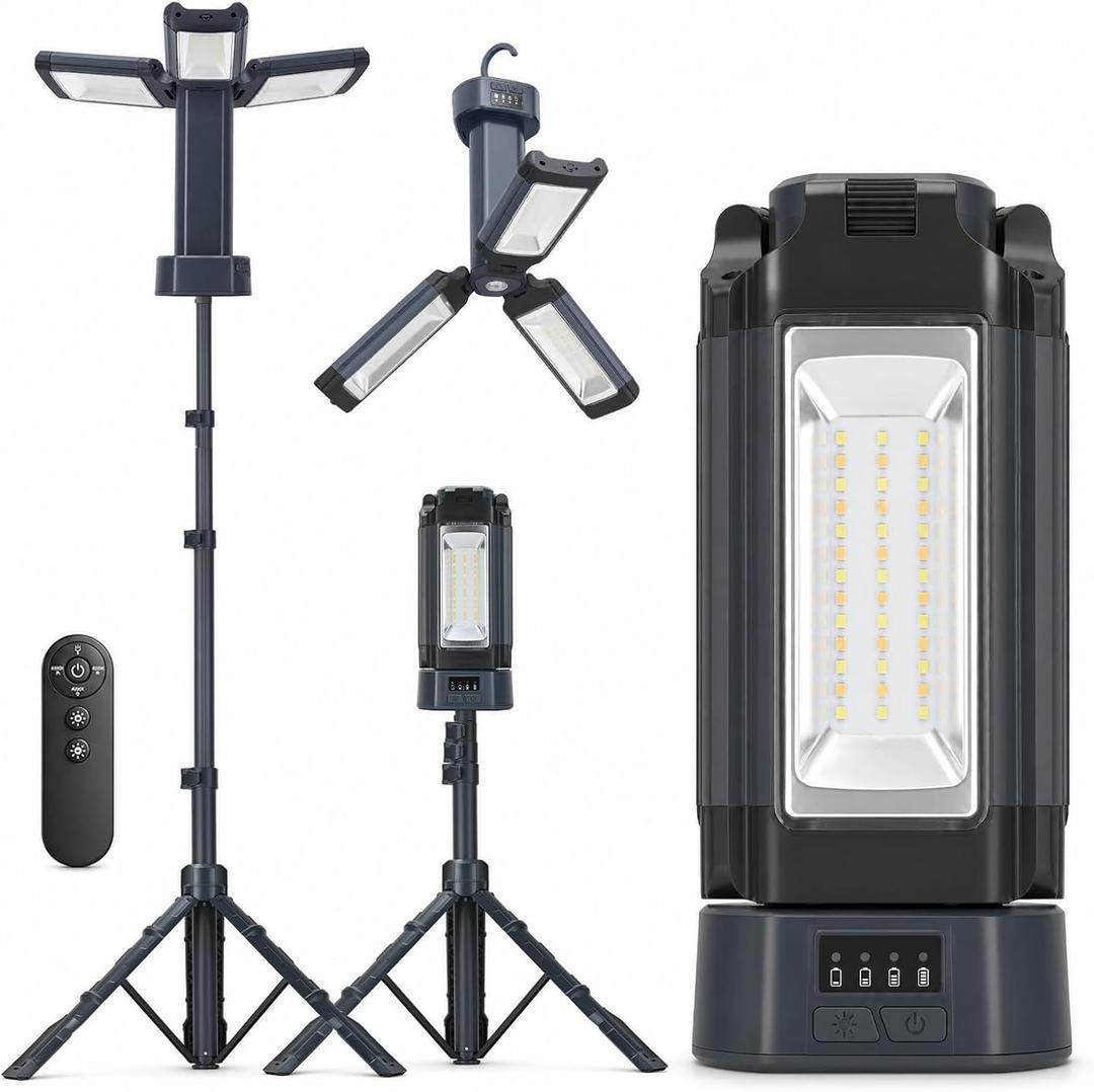12000mAh Rechargeable Camping Light with Stand 73.2'' | 3200 Lumens Magnetic LED Work Light, Telescopic Detachable Tripod, Remote, Camping Flashlight with Hook, Camping Gear, Grey