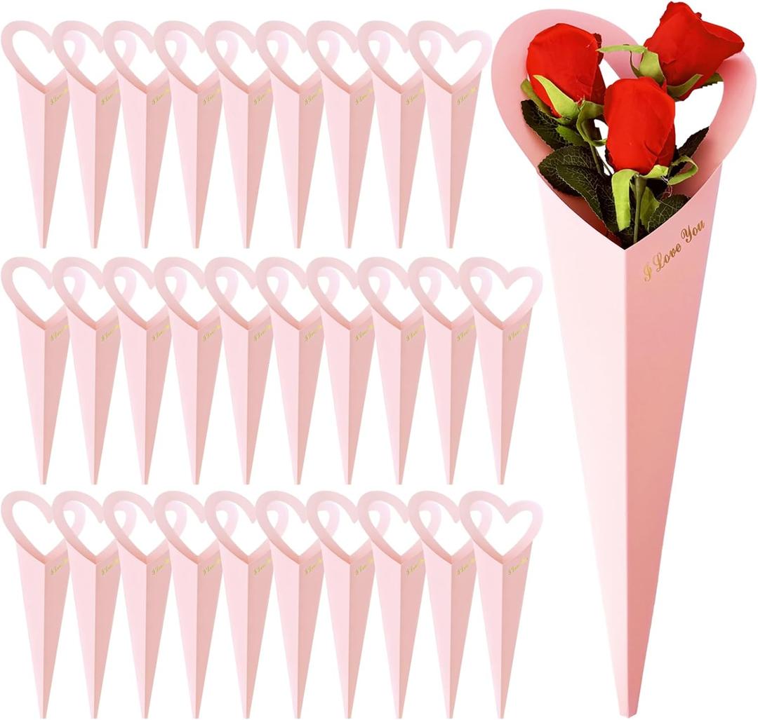 Srmayyi 30 Pack Flower Bouquet Bags,Heart Box Single Flower Sleeves,Floral Wrapping Paper,Love Heart Gift Bags for Valentines Day,Wedding,Mother's Day,Graduation(Pink)