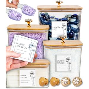 Clear Laundry Pods & Dryer Sheet Holder Set - Detergent Organizer & Dryer Sheets Container with Airtight Lids - Laundry Containers for Organizing with Scoops & Replaceable Knobs - 4 Pack