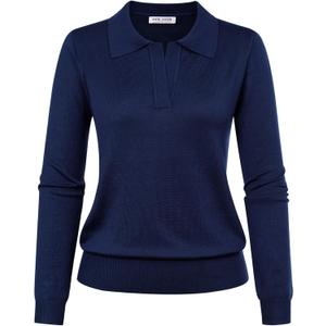Kate Kasin Women Long Sleeve Polo Sweater V Neck Knitted Tops Casual Ribbed Shirt Loose Pullover Sweater (XX-Large)