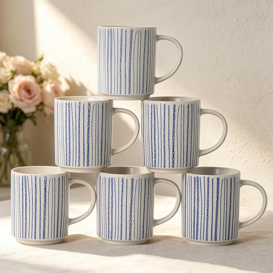 Ceramic Mugs Set of 6, Modern 17oz Coffee Mugs, Stackable Coffee Cups with Handpainted Blue Stripe Pattern, Dishwasher and Microwave Safe Mugs for Home & Office