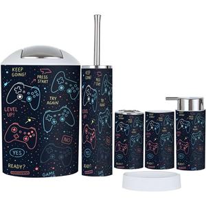 Bathroom Accessory Set 6 Piece Seamless joysticks Gamepad Slogan Text for Prints Other uses Toothbrush Holder, Toothbrush Cup, Soap Dispenser, Soap Dish, Toilet Brush Holder, Trash can (Multi1)