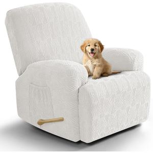 VANSOFY Recliner Chair Covers, 4-Pieces Stretch Recliner Cover Jacquard Soft Reclining Chair Slipcover Furniture Protector with Elastic Bottom for Lazy Boy Recliner(Porcelain White) (1 Seat)