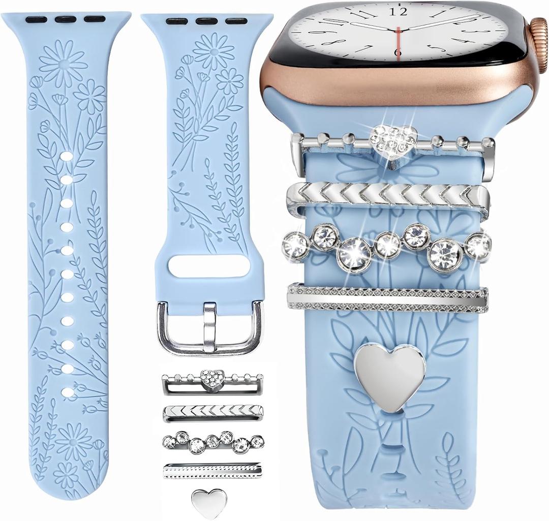 Watch Band Charms (Band Included), Compatible with Apple Watch Band 38mm 40mm 41mm 42mm(S10), Floral Engraved Silicone Straps Accessories for iWatch Bands Ultra 3 2 1 Series se 11 10 9 8 7 6 5 4 3 2 1 (SkyBlue Band/Silver Diamond Rings)