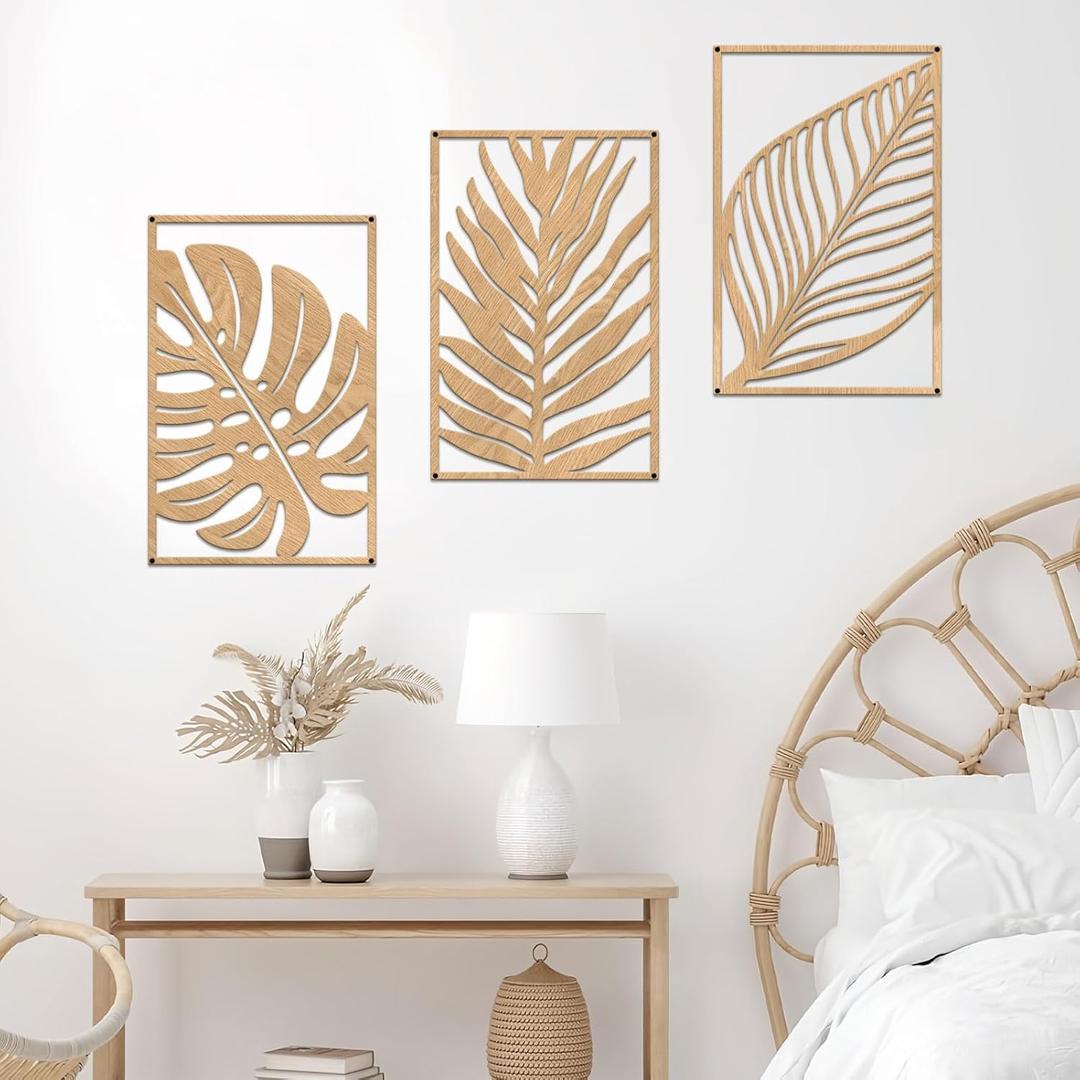 Resama 3 Pcs Boho Metal Wall Art Decor Leaf Sign Wall Vintage Tropical Plant Wall Rustic Palm Leaf Metal Wall Sculpture for Living room Bathroom Bedroom Office (Oak)